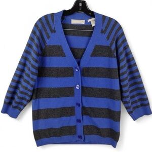 Liz Claiborne 100% Cashmere V-Neck Cardigan – Size M – Blue & Dark Grey Stripes